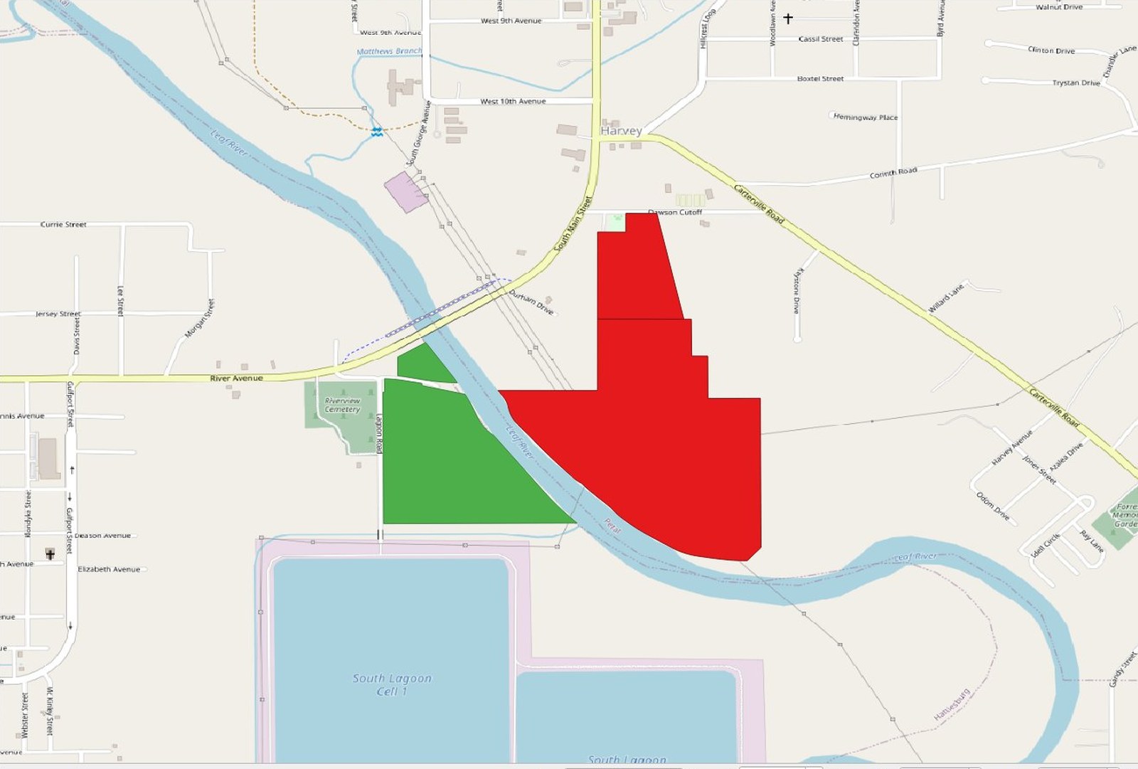 Parcel-boundary map showing City of Petal–owned land in red on the east bank of the Leaf River, City of Hattiesburg–owned land in green on the west bank, with the river between.