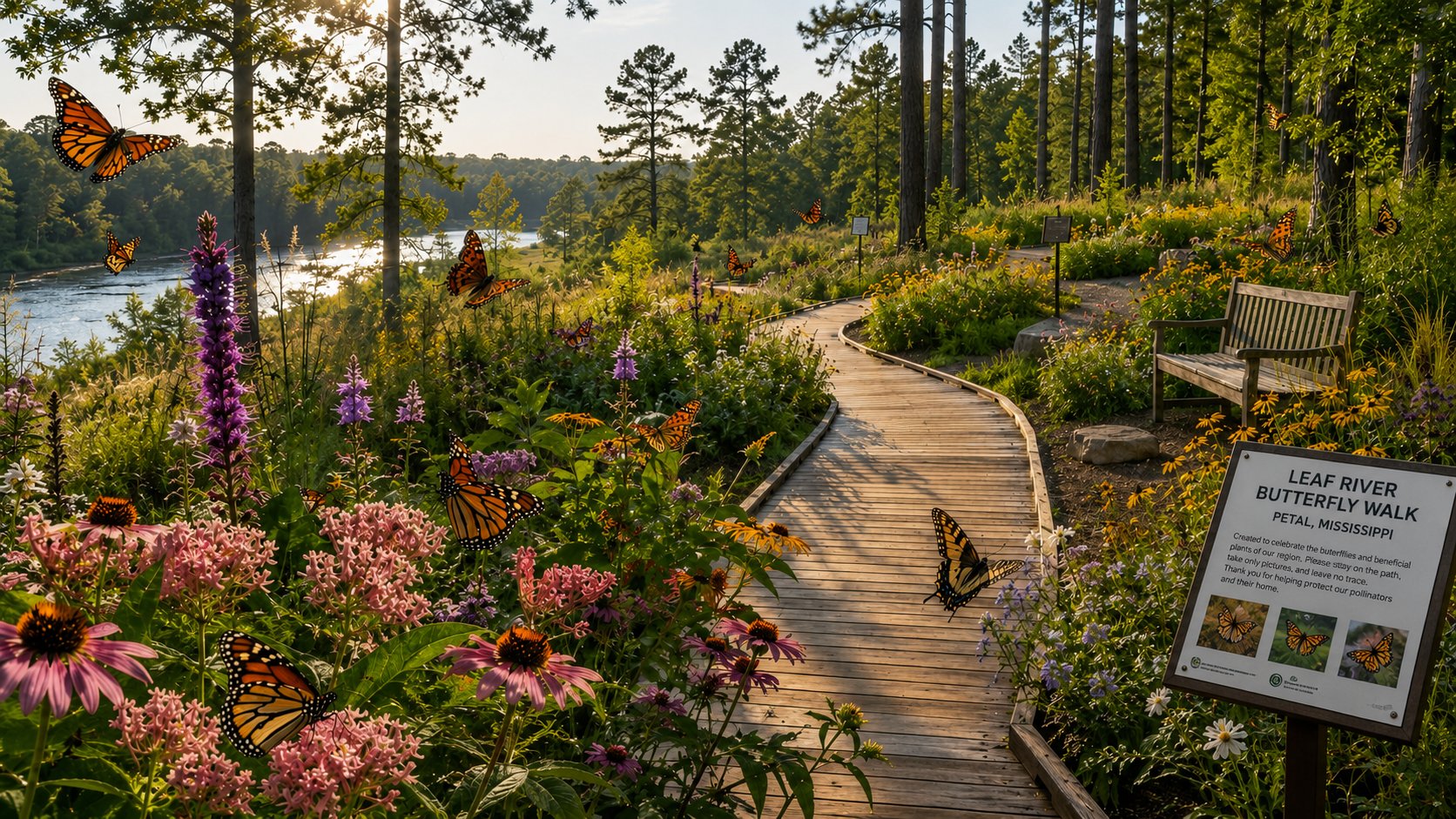 A boardwalk through native wildflowers along the Leaf River — monarchs and swallowtails on echinacea, liatris, and milkweed.