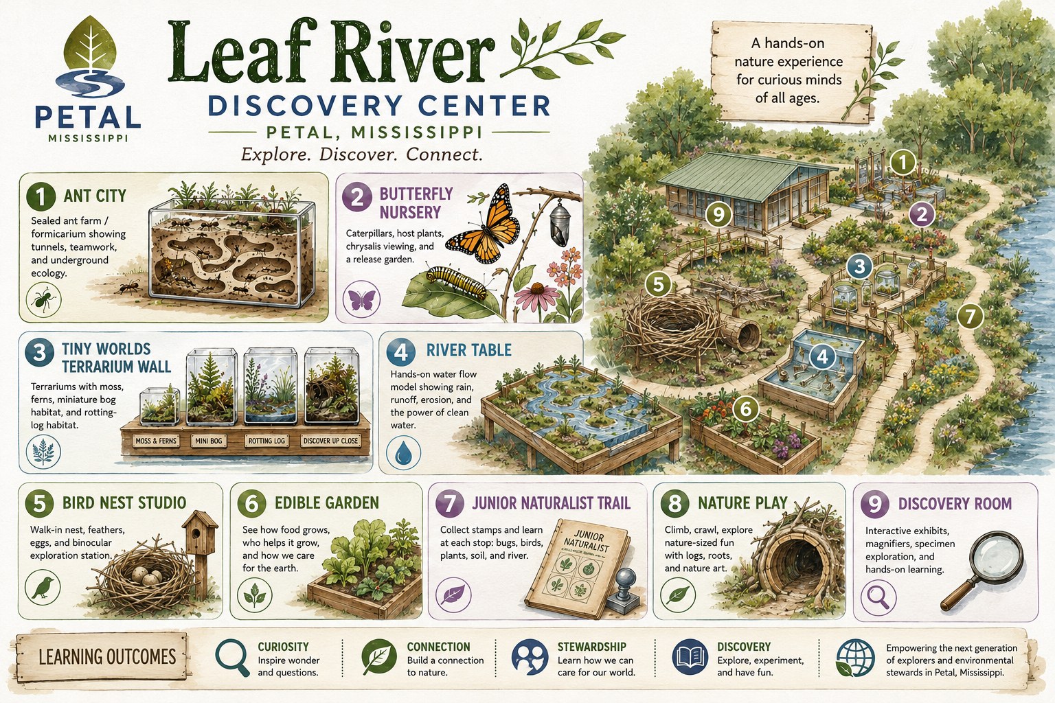 Leaf River Discovery Center concept — a hands-on nature learning facility for children with ant city, butterfly nursery, terrarium wall, river table, bird nest studio, edible garden, junior naturalist trail, nature play, and discovery room.