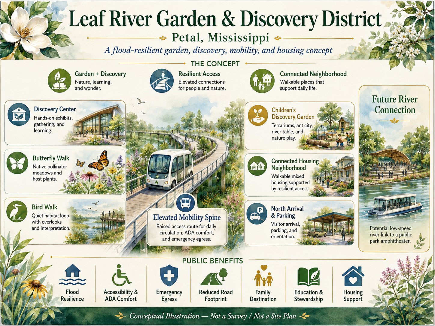 Leaf River Garden & Discovery District concept overview — flood-resilient garden, discovery center, butterfly walk, bird walk, elevated mobility spine, connected housing neighborhood, river connection.