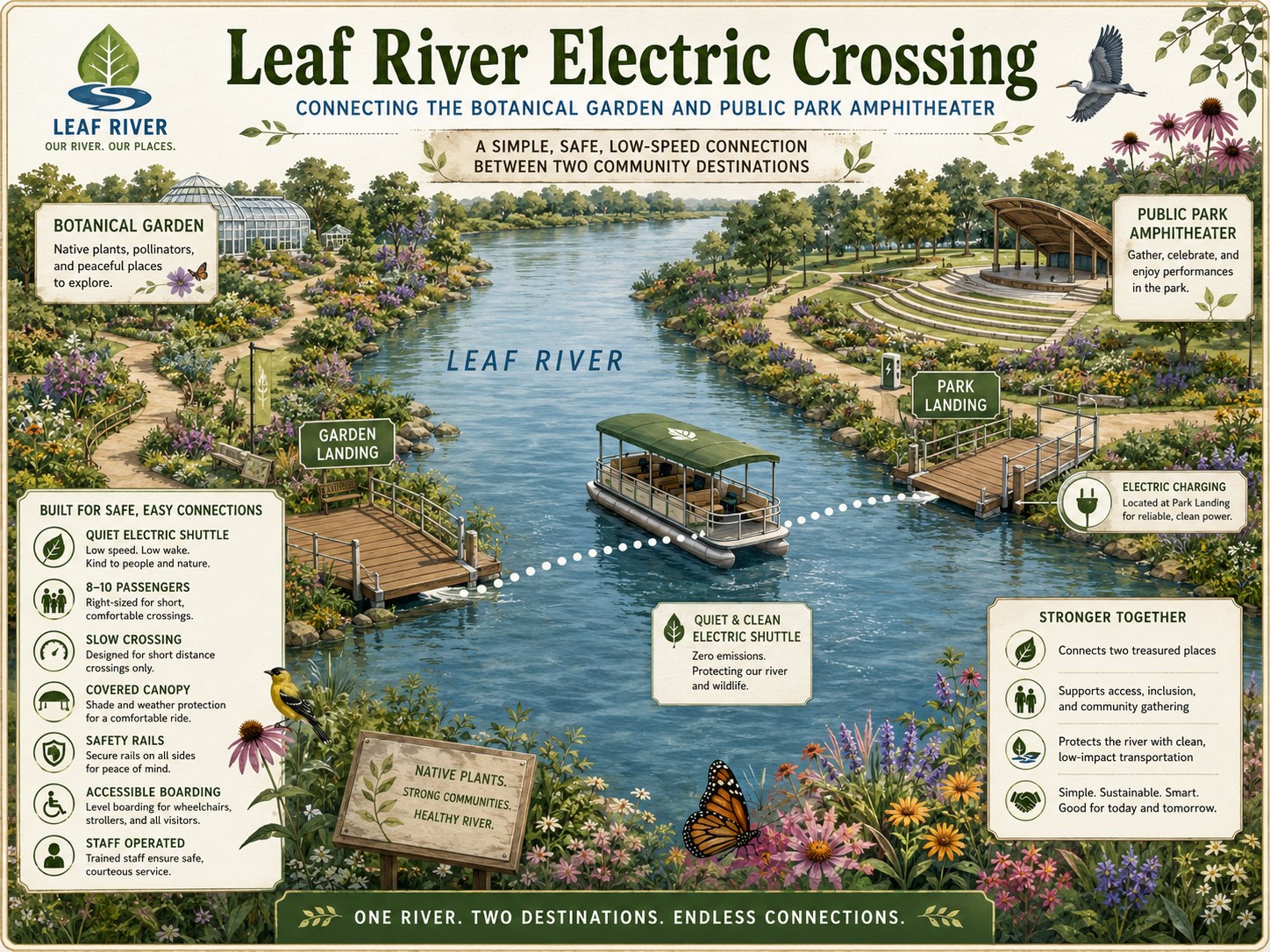 Leaf River Electric Crossing concept — a quiet electric water shuttle connecting the Petal botanical garden to the public park amphitheater on the Hattiesburg bank.