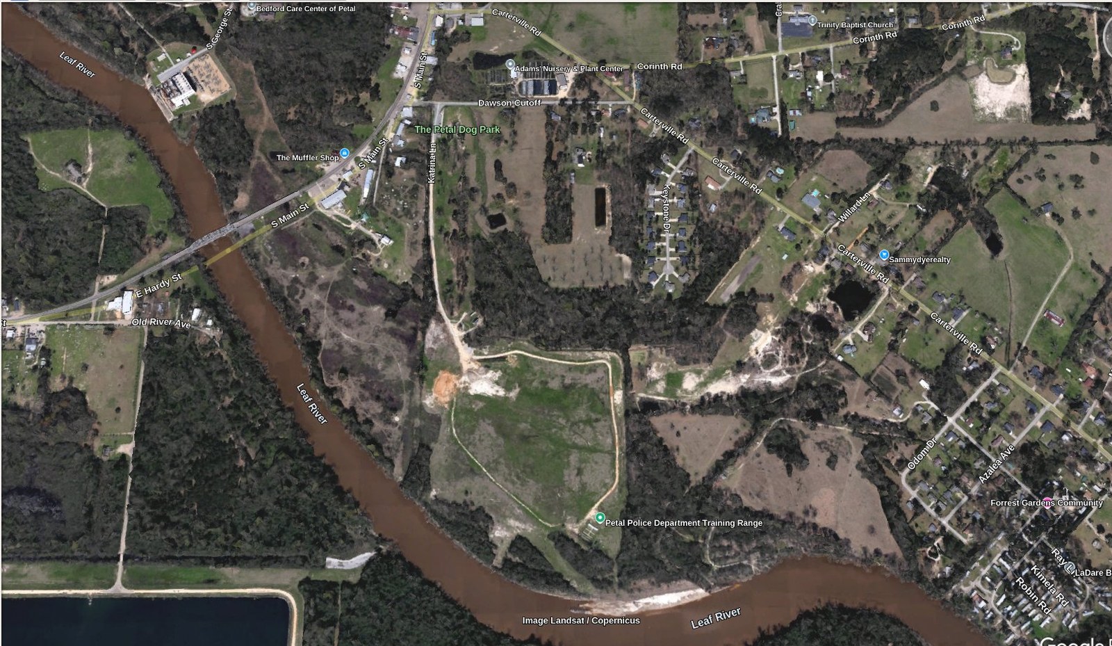 Aerial of the Leaf River corridor at Petal — the river bend, City of Petal–owned floodplain frontage, and the wastewater treatment ponds south of the parcel.