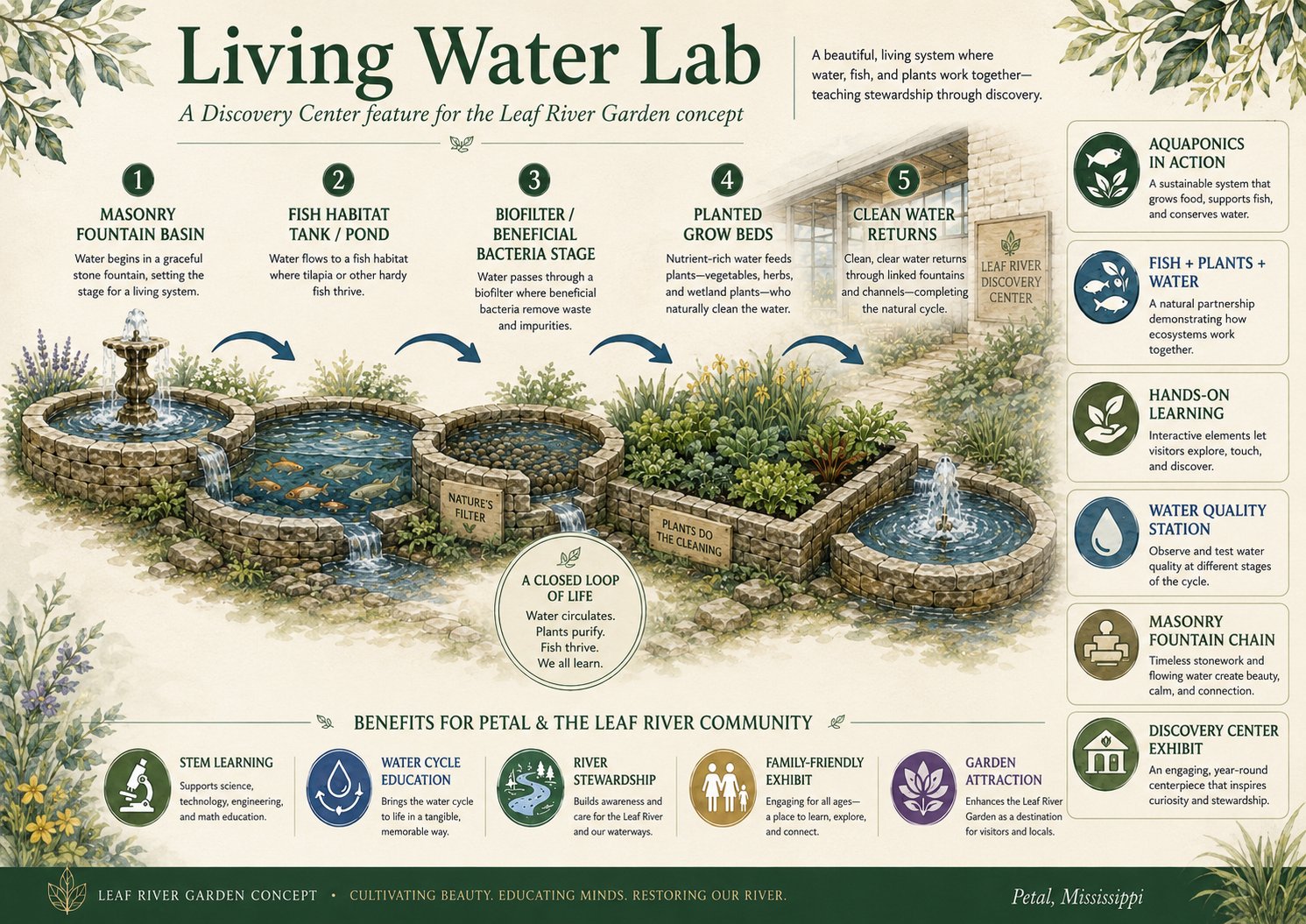 Living Water Lab concept — a Discovery Center feature with a closed-loop fountain chain: masonry basin, fish habitat pond, biofilter, planted grow beds, and clean water return. Aquaponics in action, hands-on learning, and water-cycle education for visitors of all ages.